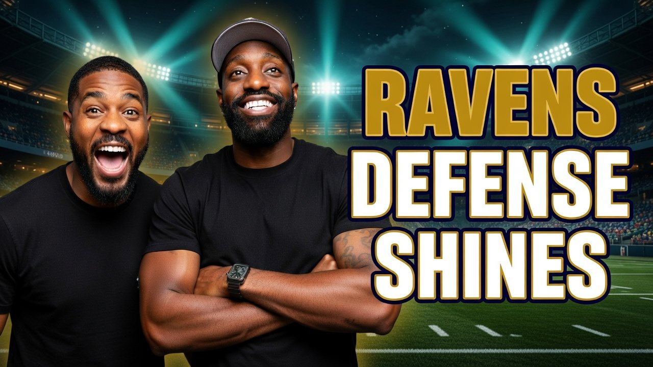 Thumbnail: RAVENS DEFENSE SHINES, the two hosts under stadium lights, RAVENS in gold