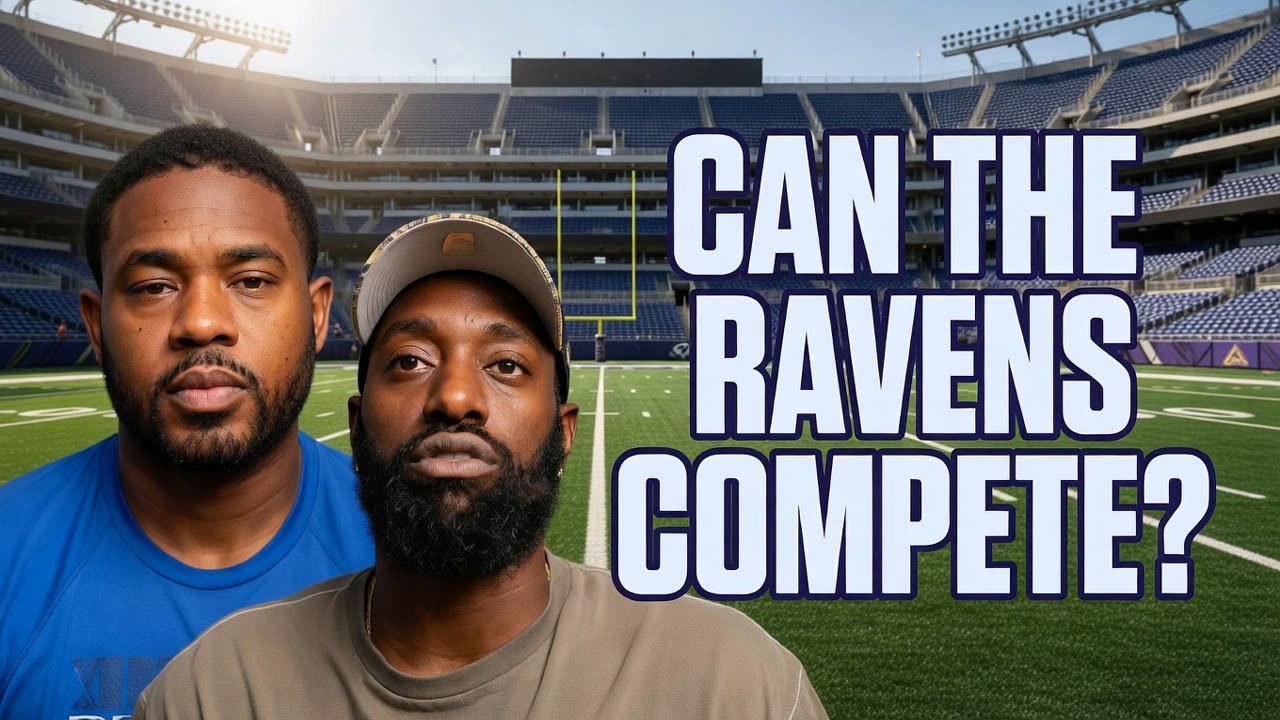 Thumbnail: CAN THE RAVENS COMPETE?, the two hosts side by side in a stadium