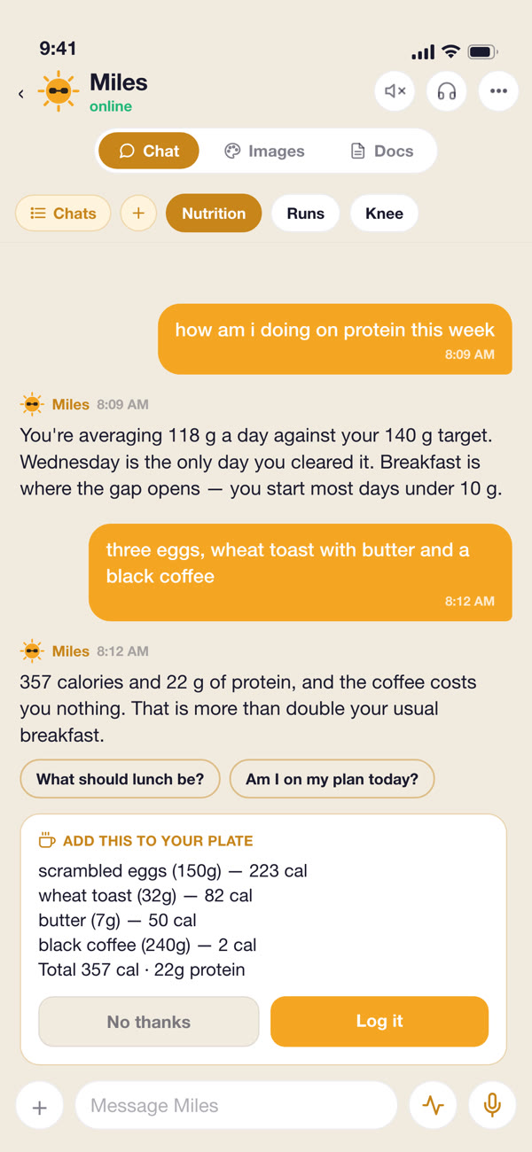 A chat with Miles about protein, with a meal ready to add to the food log