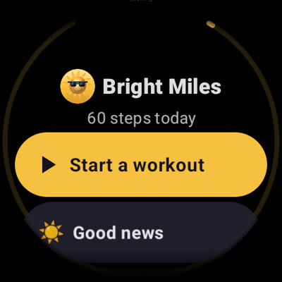 Bright Miles on a round Wear OS watch: steps today and Start a workout
